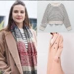 Alina Boz’un Zara siyah-beyaz çizgili kazak ve BSL bej kaban kombini