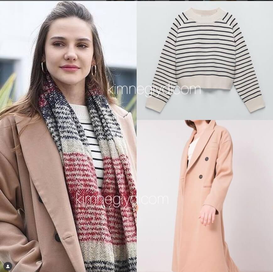 Alina Boz’un Zara siyah-beyaz çizgili kazak ve BSL bej kaban kombini