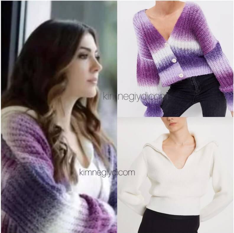 Aşk Mantık İntikam dizisinde Esra’nın giydiği gölgeli kalın örgü hırka ve geniş yakalı triko kazak