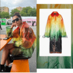 Aybüke Pusat’ın dış mekân kombininde giydiği degrade renkli yağmurluk