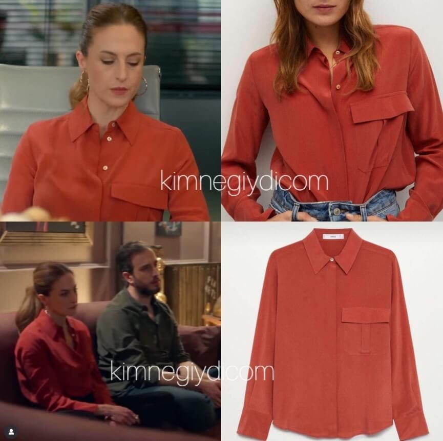 Canan Ergüder’in Mango kırmızı tek cepli uzun kollu gömleği
