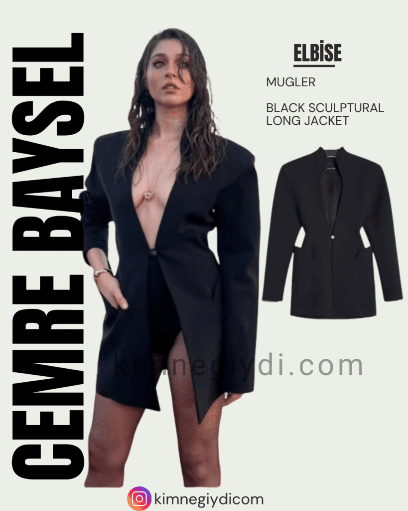 Cemre Baysel’in Cartier etkinliğinde giydiği Mugler marka siyah heykelsi uzun ceket ve Cartier takılar