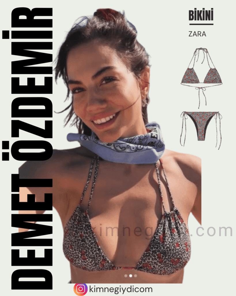 Demet Özdemir’in giydiği kirazlı hayvan desenli bikini üst ve alt parçası