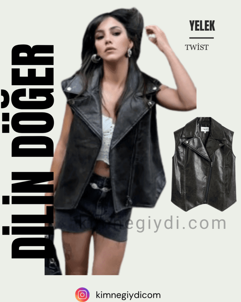 Dilin Döğer’in giydiği şal yaka kruvaze biker yelek detayı