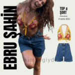 Ebru Şahin’in yaz kombininde tercih ettiği desenli Farm Rio top ve kot şort