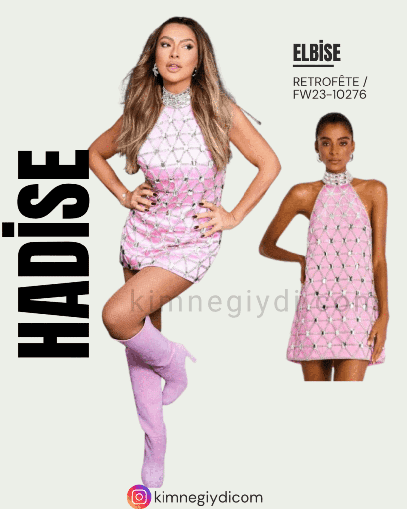 Hadise’nin sahnede giydiği el yapımı taş işlemeli pembe elbise (Retrofête)