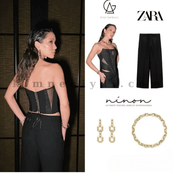 Hazal Subaşı’nın siyah büstiyer, pantolon ve takı kombini