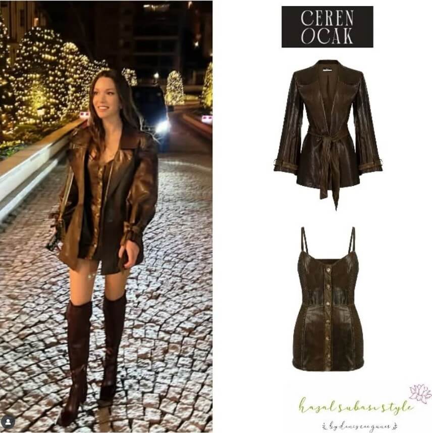 Hazal Subaşı’nın Ceren Ocak deri trençkot ve elbise kombini