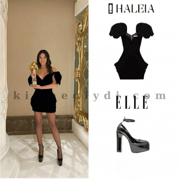 Hazal Subaşı’nın Instagram’da giydiği siyah kadife mini elbise ve topuklu ayakkabı kombini