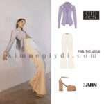 Hazal Subaşı’nın MAG Dergi çekiminde giydiği cut-out detaylı saten gömlek ve ekru pantolon kombini