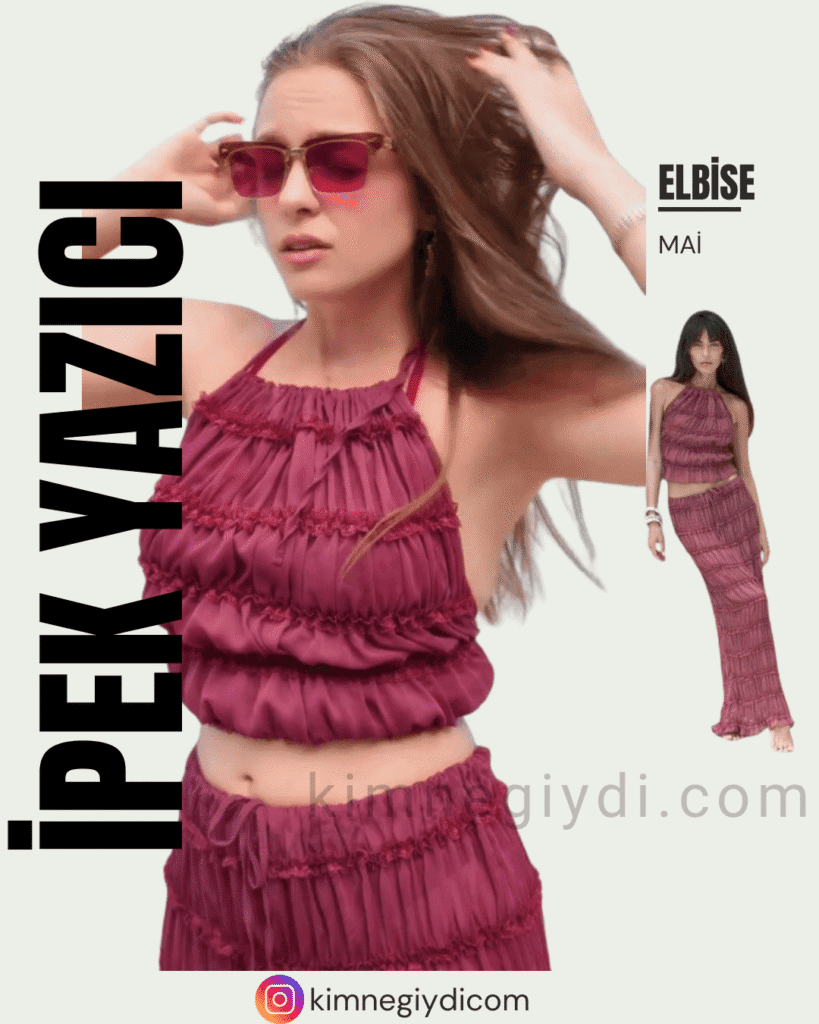 İpek Yazıcı’nın Elidor reklamında giydiği açık bordo transparan crop etek takımı