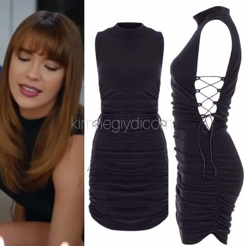 Kumru’nun Yasak Elma final sahnesinde giydiği siyah ip detaylı mini elbise