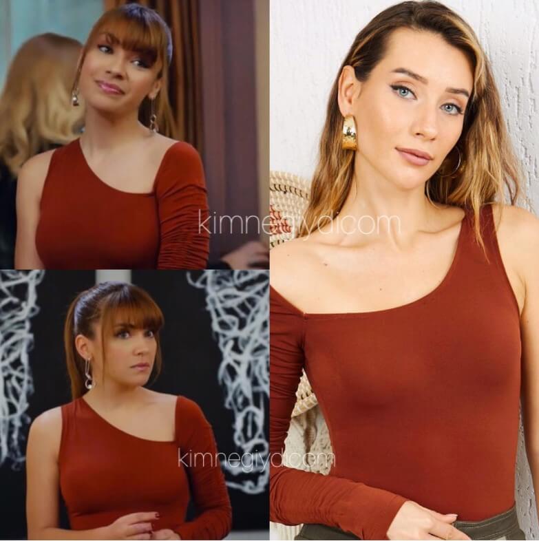 Yasak Elma dizisinde Kumru’nun giydiği kahverengi tek omuz bluz