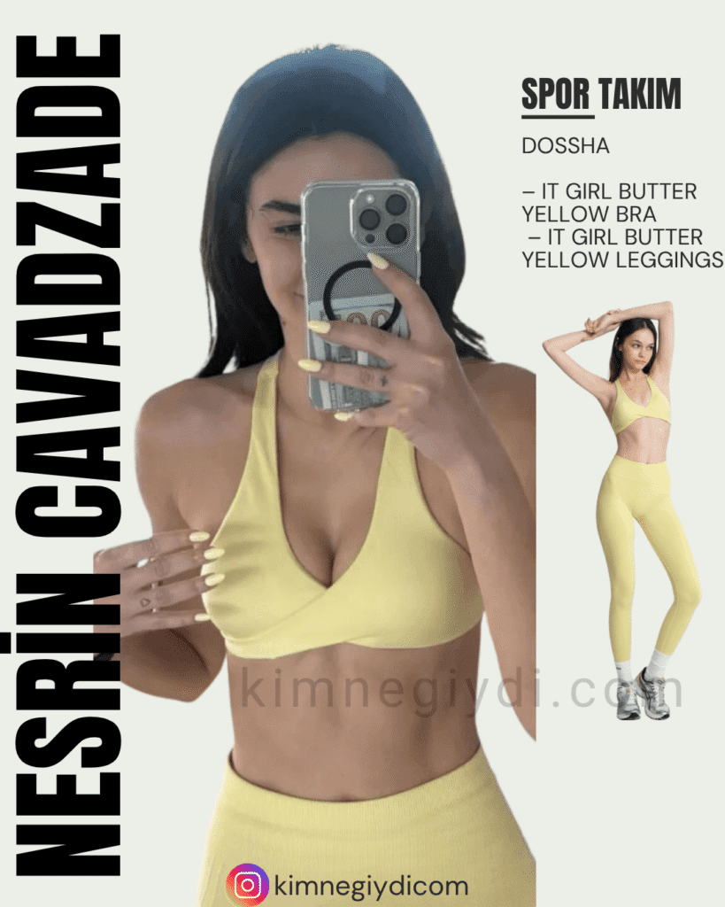 Nesrin Cavadzade’nin Instagram story’sinde giydiği Dossha IT GIRL butter yellow bra ve tayt takımı