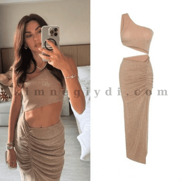 Nesrin Cavadzade’nin Instagram Story’sinde giydiği ışıltılı bej maxi elbise