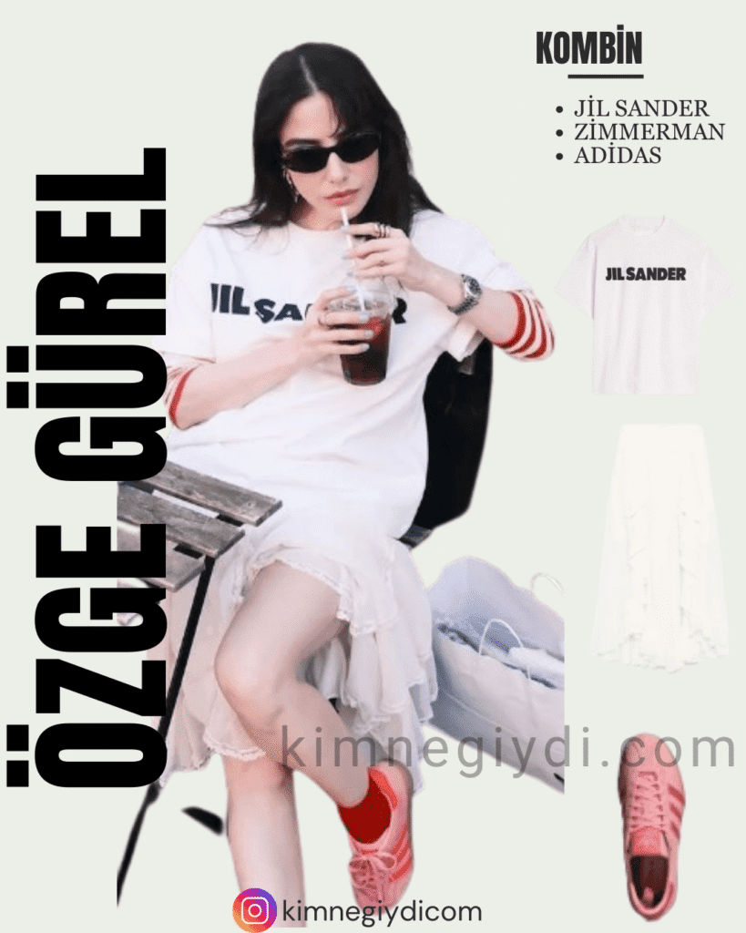 Özge Gürel’in Instagram’da giydiği Jil Sander tişört, Zimmermann etek ve Adidas sneaker kombini