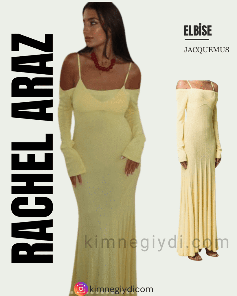 Rachel Araz’ın sarı viskon Jacquemus elbisesiyle verdiği poz