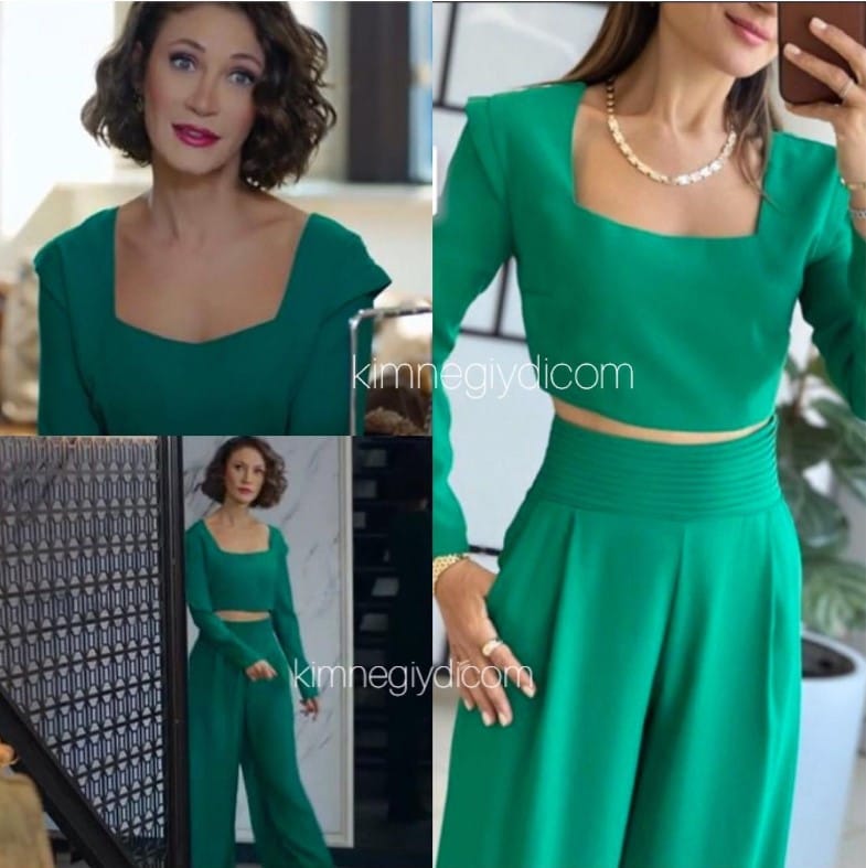 Yasak Elma dizisinde Feyza’nın giydiği yeşil crop bluz ve pantolon takımı