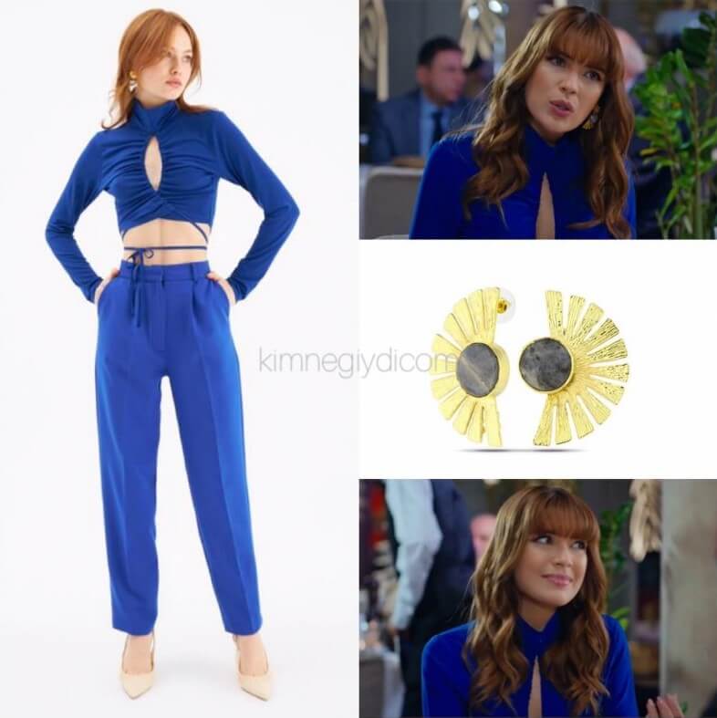 Kumru’nun Yasak Elma sahnesinde giydiği saks mavi bluz ve pantolon takımı