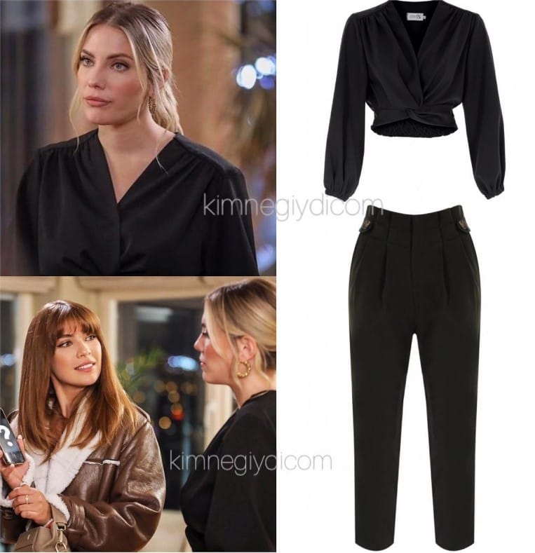 Yasak Elma Yıldız’ın giydiği New In marka siyah düğüm detaylı bluz ve pantolon