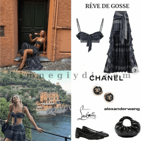 Melisa Döngel Portofino tatilinde Rêve de Gosse Dreamweaver top ve etek, Chanel küpe, Alexander Wang çanta ve Christian Louboutin ayakkabı kombini