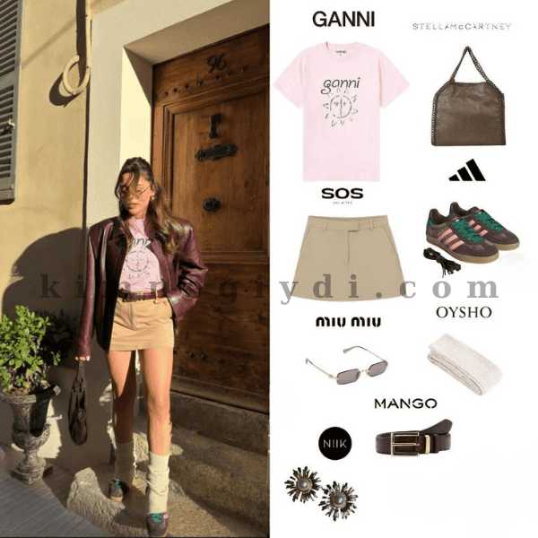 Sıla Türkoğlu Ganni t-shirt, Sosun mini etek, Adidas Gazelle ayakkabı ve Stella McCartney çanta ile